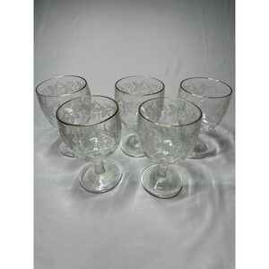 Set of (5) Bartlett Collins Grapes & Leaves Water Goblets‎ Etched w/ Gold Rims